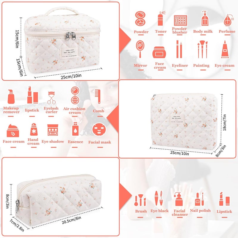 Gosect Makeup Bag Set, Quilted Makeup Bag, Large Floral Cosmetic Bag for Women, Cute Cotton Makeup Bags, Flower Travel Toiletry Organizer Bag (Rose Plaid Pattern) - Image 2